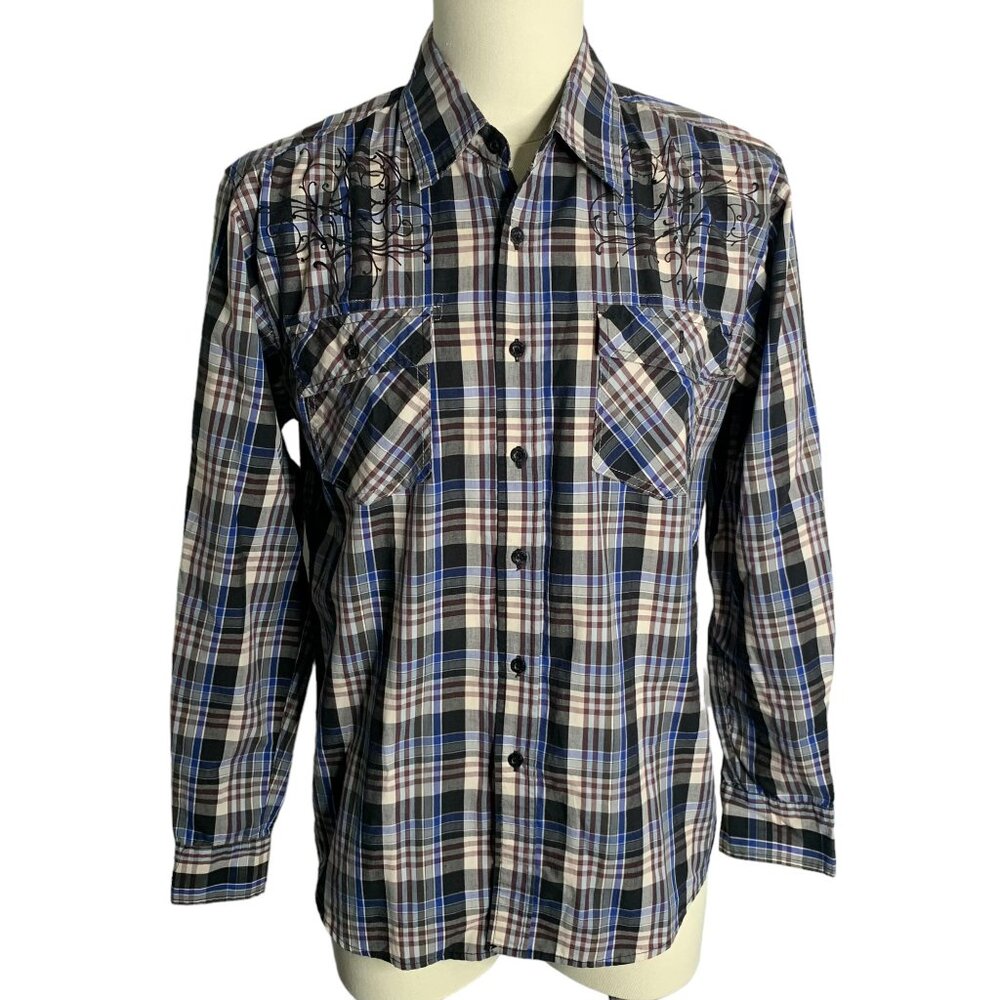 Vintage Y2K Vigo Flocked Western Shirt S Black Plaid Buttons Pockets Roll Tab